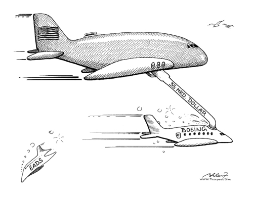 Cartoon: US-Tankflugzeugauftrag (medium) by Pohlenz tagged tankflugzeug,eads,airbus,boeing