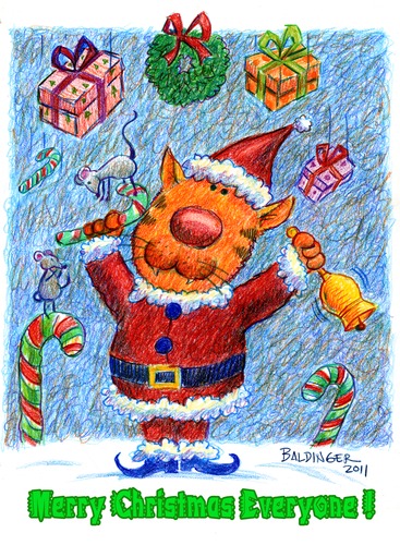 Cartoon: Merry Christmas 2011 (medium) by dbaldinger tagged christmas,santa,cat,cats,bellringer,presents,candy,canes