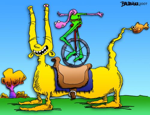 Cartoon: The Unicyclist (medium) by dbaldinger tagged unicycle,creature,weird,fantasy,