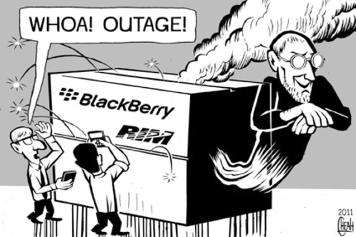 Cartoon: Blackberry outage (medium) by sinann tagged blackberry,outage,ghost,steve,jobs