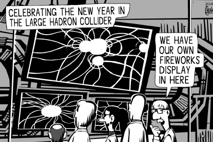 Cartoon: CERN New Year (medium) by sinann tagged new,year,happy,cern,large,hadron,collider,fireworks,celebrate