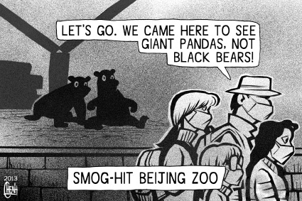 Cartoon: China pollution (medium) by sinann tagged pollution,smog,beijing,zoo,giant,pandas