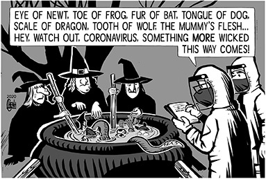 Cartoon: Coronavirus witches (medium) by sinann tagged corona,virus,soup,witches,bat,brew,macbeth