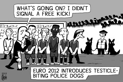 Cartoon: Euro 2012 (medium) by sinann tagged euro,2012,police,dogs,free,kick,testicle,biting