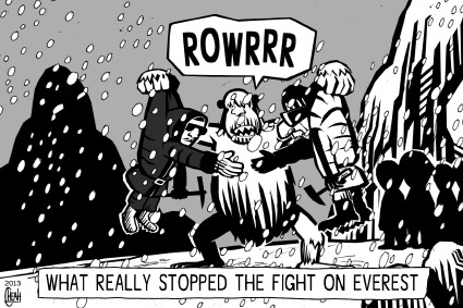 Cartoon: Everest fight (medium) by sinann tagged mount,everest,sherpa,fighting,climbers,yeti