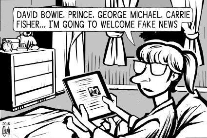 Cartoon: Fake news (medium) by sinann tagged fake,news,david,bowie,prince,george,michael,carrie,fisher