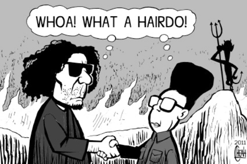 Cartoon: Kim and Gaddafi (medium) by sinann tagged kim,jong,il,gaddafi,hell,meeting