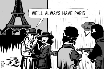 Cartoon: Paris and Casablanca (medium) by sinann tagged paris,we,will,always,have,casablanca,terrorists