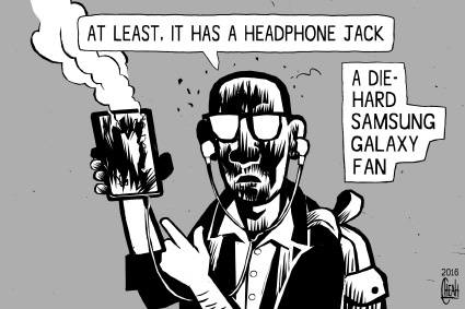 Cartoon: Samsung Galaxy fire (medium) by sinann tagged samsung,galaxy,note,fire,headphone,jack