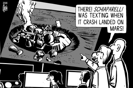 Cartoon: Schiaparelli Mars Lander crash (medium) by sinann tagged schiaparelli,mars,lander,exomars,crash,land,text