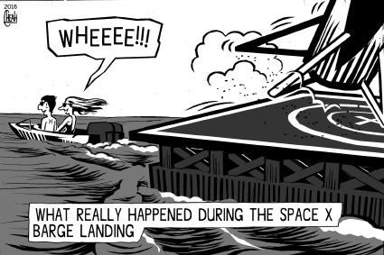 Cartoon: Space X landing disaster (medium) by sinann tagged space,ocean,barge,landing,disaster