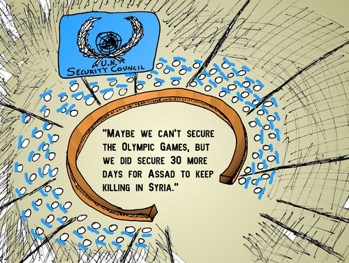 Cartoon: UNSC Fail on Olympics and Syria (medium) by laughzilla tagged mideast,thedailydose,laughzilla,security,games,olympics,olympic,syria,unsc,un,council,fail,caricature,cartoon,comic,webcomic,parody,satire