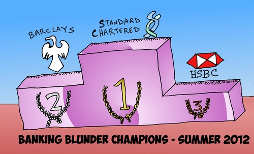 Cartoon: banking blunder champs cartoon (medium) by BinaryOptions tagged binary,option,options,trader,trading,news,caricature,financial,business,cartoon,banks,banking,blunder,gaffs,gaffes,optionsclick,champion,champions,hsbc,barclays,bank,standard,chartered