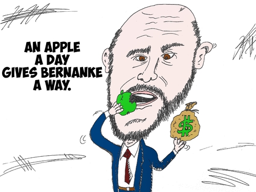 Cartoon: Ben Bernanke caricature Apple (medium) by BinaryOptions tagged ben,bernanke,us,federal,usd,reserve,chairman,bank,monetary,policy,chief,apple,appl,dollar,buck,america,american,financial,political,caricature,editorial,business,comic,cartoon,optionsclick,binary,options,trader,option,trading,trade,finance,news,economic,economy,satire,parody,banking