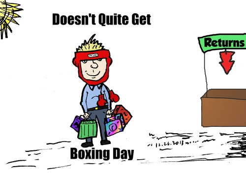 Cartoon: Boxing Day editorial web cartoon (medium) by BinaryOptions tagged boxing,tradition,holiday,exchange,return,shopper,webcomic,cartoon,comic,binary,option,options,trade,trading,optionsclick,financial,business,editorial,news