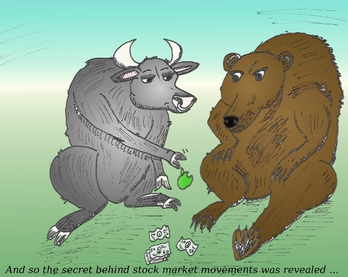 Cartoon: Bull and Bear caricature (medium) by BinaryOptions tagged binary,option,options,trader,trading,cartoon,caricature,bull,bear,financial,capital,market,apple,money,anima,animals,comic