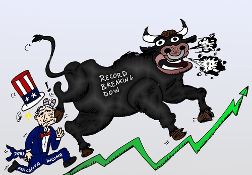 Cartoon: Bull market tramples Uncle Sam (medium) by BinaryOptions tagged binary,option,options,trade,trader,trading,optionsclick,bull,market,trample,uncle,sam,dow,jones,djia,industrial,average,capita,income,jobs,caricature,editorial,financial,news,business,cartoon,webcomic