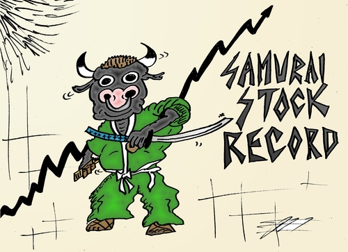 Cartoon: Bull Samurai Stocks High (medium) by BinaryOptions tagged optionsclick,binary,option,options,trade,trader,trading,bull,market,high,samurai,stock,record,martial,art,investing,investors,news,business,editorial,caricature,comic,cartoon,financial
