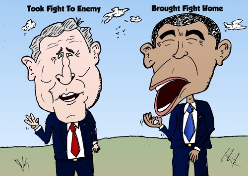 Cartoon: Bush and Obama caricature (medium) by BinaryOptions tagged optionsclick,binary,option,options,trade,trading,barack,hussein,obama,george,bush,war,terror,prosecute,editorial,caricature,cartoon,webcomic,comic,news,opinion,politics,policies,policy,politician,president,united,states