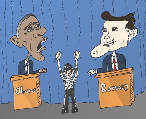 Cartoon: Caricature OBAMA ROMNEY en debat (medium) by BinaryOptions tagged president,barack,obama,gouverneur,mitt,romney,etats,unis,amerique,american,political,politique,medias,arbitre,nfl,caricature,editoriale,dessin,anime,comique,entreprise,optionsclick,trader,options,binaires,negociation,commerce,nouvelles,news,infos,actualites