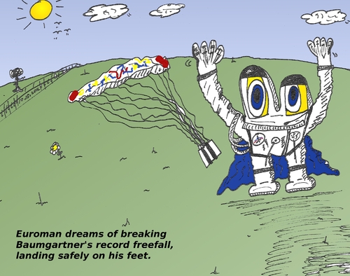 Cartoon: Caricature of Euroman freefall (medium) by BinaryOptions tagged felix,baumgartner,spacesuit,space,jumpsuit,freefall,record,jump,international,euroman,euro,europe,european,money,monetary,eur,currency,devalue,devaluation,forex,caricature,editorial,business,comic,cartoon,optionsclick,binary,options,trader,option,trading,trade,investor,news