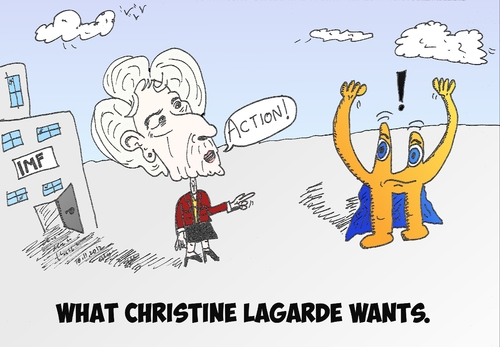 Cartoon: Christine Lagarde and Euroman (medium) by BinaryOptions tagged christine,lagarde,imf,international,monetary,fund,euroman,euro,europe,european,money,eur,currency,debt,forex,action,political,policy,caricature,editorial,business,comic,cartoon,optionsclick,binary,options,trader,option,trading,trade,finance,news