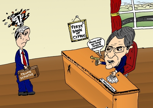 Cartoon: Cypriot Banking Crisis Cartoon (medium) by BinaryOptions tagged binary,option,options,cyprus,optionsclick,bank,banking,finance,financial,economy,economics,nicos,anastasiades,news,editorial,business,caricature,comic,webcomic,cartoon