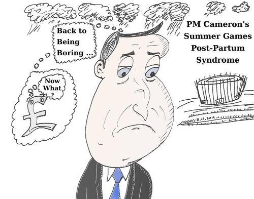 Cartoon: David Cameron Post Partum Blues (medium) by BinaryOptions tagged pm,prime,minister,david,cameron,uk,united,kingdom,england,blues,malaise,caricature,cartoon,comic,olympic,london,pound,gbp,optionsclick,binary,options,option,trader,trading,news,editorial,financial,economic,business