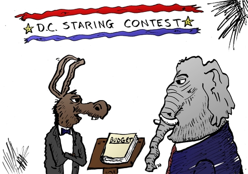 Cartoon: DC staring contest cartoon (medium) by BinaryOptions tagged optionsclick,binary,option,options,trade,trader,trading,politics,political,cartoon,comic,caricature,editorial,news,washington,shutdown,budget,financial,fiscal