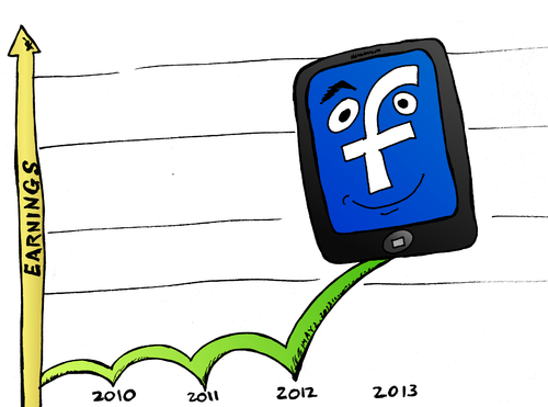 Cartoon: Facebook mobile ads revenue jump (medium) by BinaryOptions tagged facebook,earnings,mobile,advertising,revenue,shares,stock,market,binary,option,options,trade,trading,optionsclick,editorial,cartoon,caricature,financial,business,news