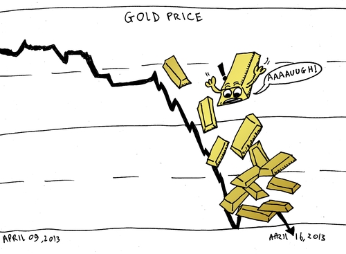 Cartoon: Falling Gold caricature (medium) by BinaryOptions tagged gold,bullion,value,price,fall,drop,binary,option,options,trade,trading,optionsclick,editorial,cartoon,caricature,financial,economic,business,news,economy