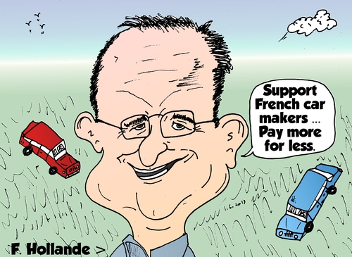 Cartoon: Francois Hollande French cars (medium) by BinaryOptions tagged financial,binary,options,option,trader,trade,trading,editorial,news,cartoon,webcomic,optionsclick,comic,caricature,satire,economics,economy,political,french,car,industry,auto,president,francois,hollande,france