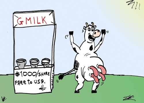 Cartoon: Gmilk business cartoon (medium) by BinaryOptions tagged options,option,binary,optionsclick,trade,trader,trading,gmilk,google,gmail,goog,nasdaq,business,editorial,caricature,webcomic,cartoon,comic,news,financial,market,stock,shares,investing