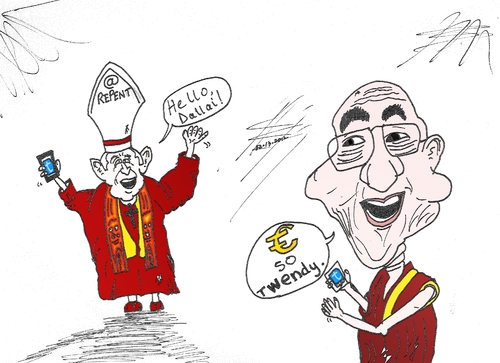 Cartoon: Holy Tweets cartoon (medium) by BinaryOptions tagged pope,benedict,dalai,lama,twitter,tweet,tweets,caricature,financial,editorial,business,comic,cartoon,optionsclick,binary,options,trader,option,trading,trade,news