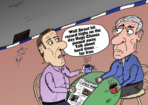 Cartoon: Hugo Chavez DJIA and Iran (medium) by BinaryOptions tagged binary,option,options,trade,trader,trading,hugo,chavez,news,editorial,cartoon,comic,wall,street,djia,iran,optionsclick,finances,business,market
