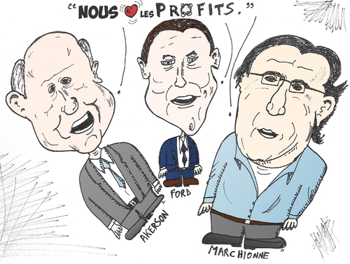 Cartoon: Les 3 patrons des automobiles (medium) by BinaryOptions tagged akerman,marchionne,ford,gm,chrysler,general,motors,moteur,auto,automobiles,voiture,automobile,autos,caricature,editoriale,affaires,financieres,comique,dessin,anime,binaire,optionsclick,options,trader,trading,financement,commerce,satire,parodie,nouvelles,economiques,humour,ceo,president