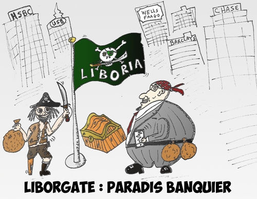 Cartoon: Liborgate et drapeau Liboria (medium) by BinaryOptions tagged libor,liborgate,liboria,cariacture,option,binaire,trader,options,binaires,trading,scandale,pirate,banquier,banques,optionsclick,news,infos,nouvells,financier,boursier