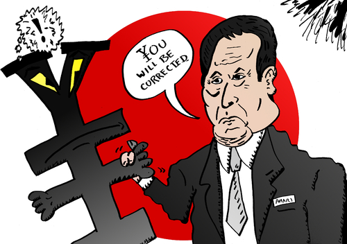 Cartoon: Minister Amari vs The Yen (medium) by BinaryOptions tagged optionsclick,binary,option,options,trade,trader,trading,news,finance,financial,economic,amari,minister,jpy,japanese,japan,yen,caricature,cartoon,comic,webcomic,editorial,fiscal,policy,politics