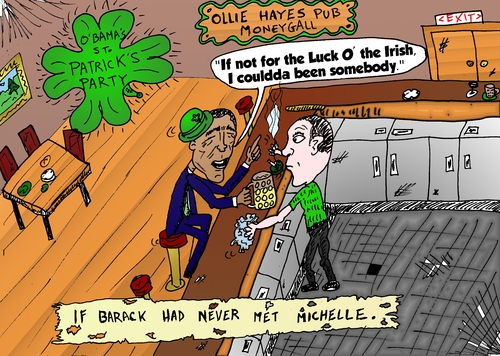 Cartoon: Obama and his Irish Luck (medium) by BinaryOptions tagged binary,option,options,optionsclick,trade,trader,caricature,editorial,cartoon,webcomic,barack,obama,prediction,luck,irish,saint,patrick,politics,politician,satire,parody,bar,pub