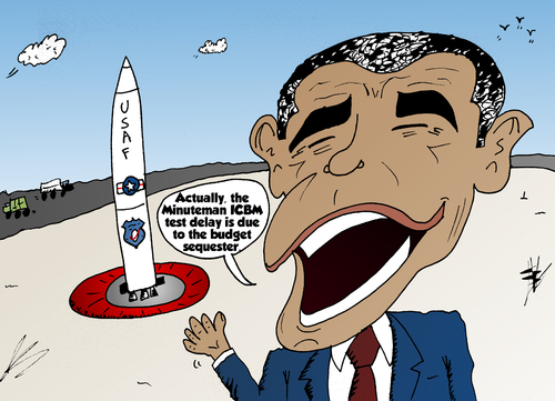 Cartoon: Obama and the ICBM non test (medium) by BinaryOptions tagged binary,option,options,trade,trader,trading,icbm,minuteman,missile,test,north,korea,tension,politics,political,geopolitical,international,sequester,satire,caricature,parody,editorial,cartoon,comic,optionsclick,barack,obama,president