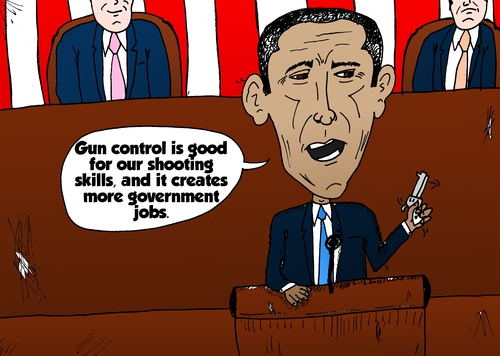 Cartoon: Obama guns and government jobs (medium) by BinaryOptions tagged binary,option,options,trade,trader,trading,optionsclick,president,barack,obama,caricature,cartoon,editorial,comic,economics,government,jobs,gun,control,state,union,congress,news