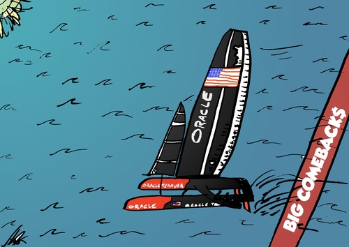 Cartoon: Oracle Team USA wins big (medium) by BinaryOptions tagged oracle,team,usa,america,cup,sailing,catamaran,ac72,sports,investing,trade,binary,option,options,trader,invest,financial,money,optionsclick,editorial,cartoon,caricature,political,business,news