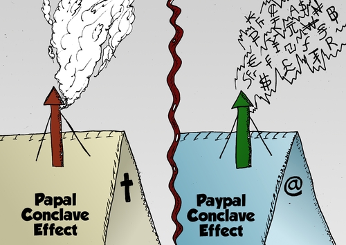 Cartoon: Paypal Papal Conclave Effect (medium) by BinaryOptions tagged binary,option,options,trading,pope,papal,conclave,effect,paypal,caricature,comic,cartoon,webcomic,optionsclick,editorial,business,smoke,god,internet,money,church