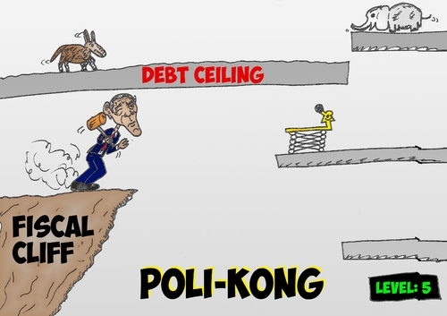 Cartoon: Poli-Kong feat. Obama caricature (medium) by BinaryOptions tagged binary,option,trade,trader,trading,options,optionsclick,president,obama,fiscal,cliff,platform,debt,ceiling,donkey,elephant,caricature,editorial,cartoon,comic,political,financial,business,economic