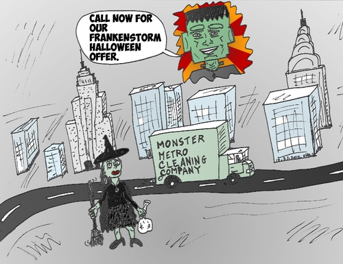 Cartoon: Post Frankenstorm Sandy Cleanup (medium) by BinaryOptions tagged optionsclick,binary,option,options,trader,trading,trade,frankenstorm,new,york,city,monster,halloween,hurricane,sandy,storm,editorial,financial,business,news,cartoon,caricature,comic