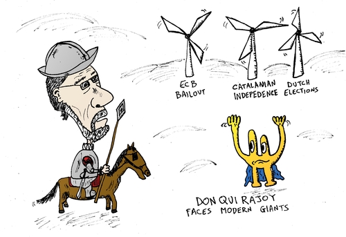 Cartoon: Rajoy Quixote editorial cartoon (medium) by BinaryOptions tagged mariano,rajoy,caricature,don,quixote,dutch,elections,ecb,loan,windmills,catalanian,independence,editorial,financial,business,comic,cartoon,optionsclick,binary,options,trader,option,trading,trade,spanish,spain,economy,debt,finance,satire,parody,news,economic,prime,minister,political,politician