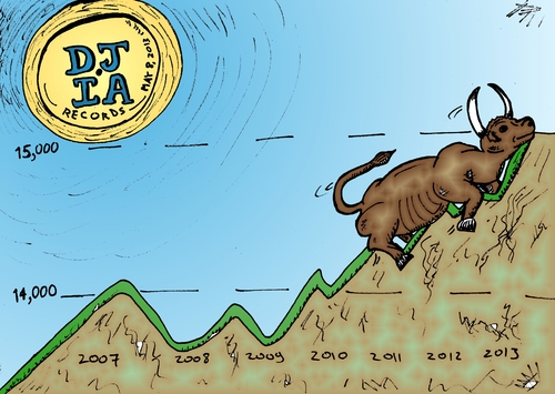 Cartoon: Record High DJIA Bull Run (medium) by BinaryOptions tagged binary,option,options,trade,trader,trading,bull,run,market,djia,dow,jones,industrial,average,financial,economic,investor,caricature,editorial,business,cartoon,webcomic,optionsclick