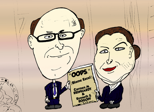 Cartoon: Reinhart Rogoff apologetic comic (medium) by BinaryOptions tagged reinhart,rogoff,economists,economics,theory,mistake,fail,binary,option,options,trade,trading,optionsclick,editorial,cartoon,caricature,financial,economic,business,news,economy