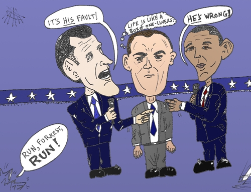 Cartoon: Romney Obama Gump caricature (medium) by BinaryOptions tagged mitt,romney,candidate,president,barack,obama,forrest,gump,debate,political,caricature,editorial,business,comic,cartoon,optionsclick,binary,options,trader,option,trading,trade,news,satire
