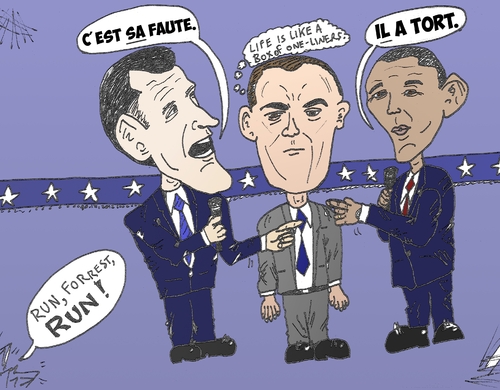 Cartoon: ROMNEY OBAMA GUMP caricature (medium) by BinaryOptions tagged mitt,romney,candidat,president,barack,obama,forrest,gump,debat,politique,caricature,editoriale,dessin,anime,comique,entreprise,optionsclick,trader,options,binaires,negociation,option,nouvelles,news,infos,actualites,satire,commerce